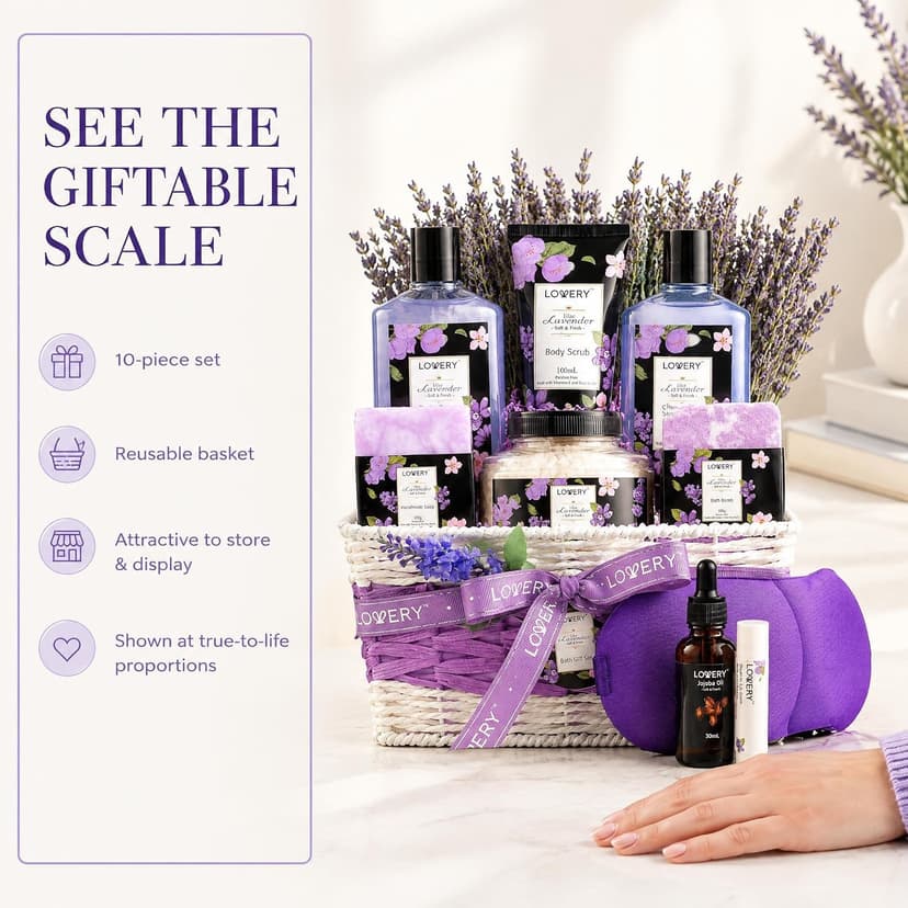 Gifts for Women, Moms, Lavender & Lilac Spa Gift Basket Set - Handmade Soap, Potpourri, Bath Bomb, Jojoba Oil, Organic Lip Balm & More - Stress Relief, Bath & Body Self Care Package B08DFG13DT