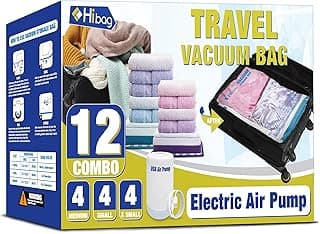 HIBAG Travel Vacuum Bags with Electric Pump for Luggage and Suitcase, Vacuum Seal Compression Packing Bags for Clothes Clothing, Combo 12 Pack