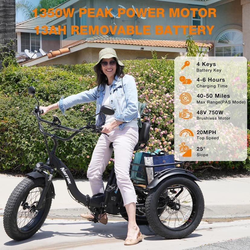 Electric Tricycle for Adults,Fat Tire Folding Electric Trike,3 Wheels Electric Bicycle Bikes, Peak 1350W Step-Thru Etrike with Removable Battery and Large Basket for Women Men