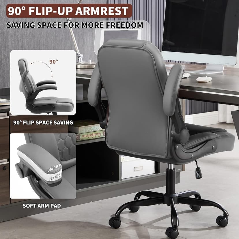 Executive Office Chair PU,Leather Office Chair with Wheels,360° Swivel Rolling Chair with Padded Arms,Ergonomic Computer Chair with Lumbar Support for Short People Use (Grey)