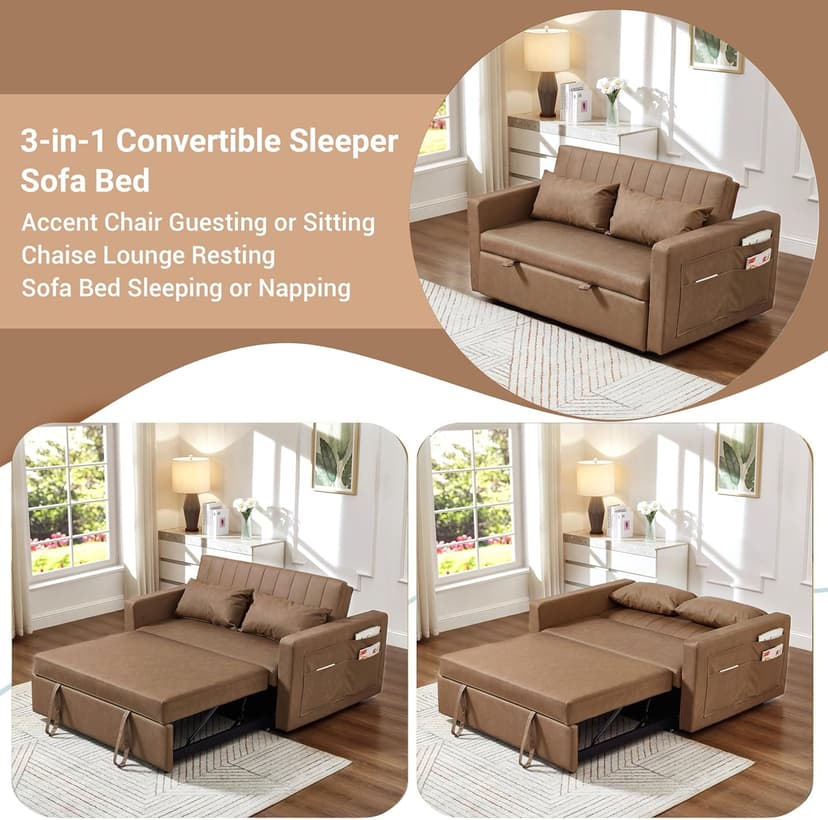 N NOORDENIYA 55'' Leather Sofa Bed, Pull Out Sleeper Sofa Couch Bed, Loveseat Sleeper, Futon Sofa Couch with Side Pocket, Convertible Sofa Bed for Living Room, Apartment, Bedroom, RV, Brown