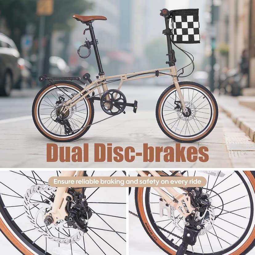 20 Inch Folding Bike for Adults, 7-Speed Foldable Bike for Women & Men, Foldable Bicycle with Dual Disc Brake, Portable Commuter City Bikes with Adjustable Saddle