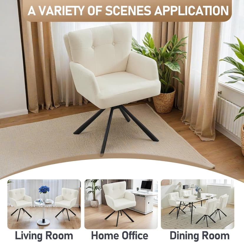 WUTUTUEE Fabric Dining Chair Modern Upholstered Swivel Dining Room Chairs Comfy Accent Armchair with Mid Back, Desk Arm Chair No Wheels for Kitchen/Living Room/Home Office, White