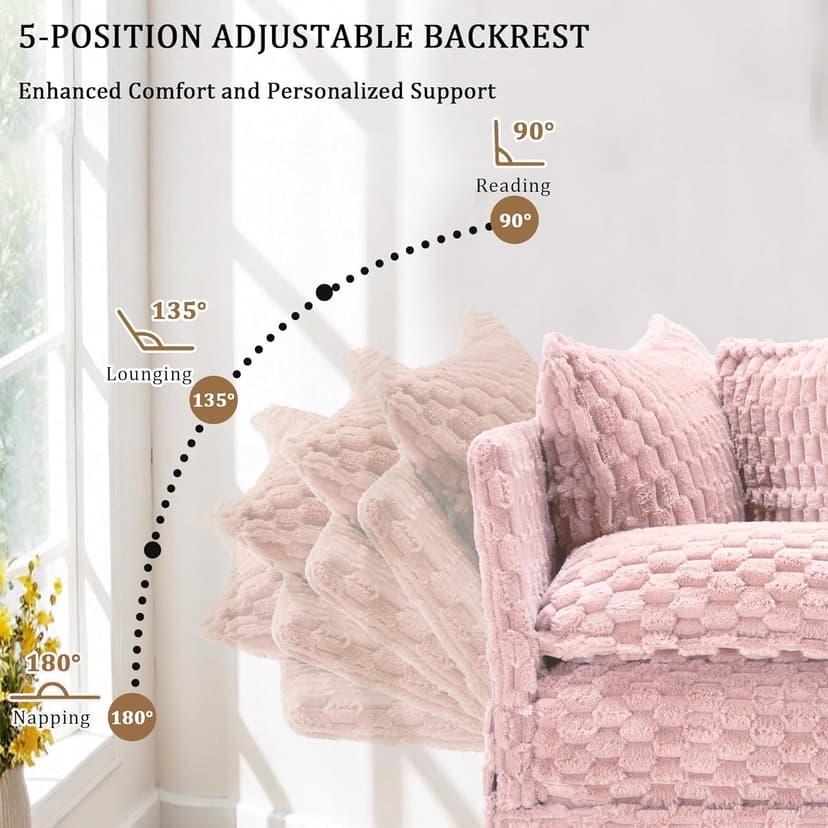Faux Fur Chaise Lounge Indoor with Adjustable Backrest, 59 Inches Single Sleeper Sofa Chair with 3 Lumbar Pillows, Upholstered Oversized Lounge Chair for Living Room, Bedroom, Office
