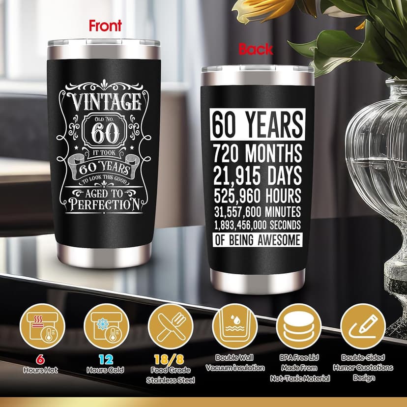 60th Birthday Gifts for Men - Unique Box with 20 Oz Tumbler, Scented Candle, Socks, Baseball Cap for Husband, Dad, Grandpa, Friends, Teachers, Boss