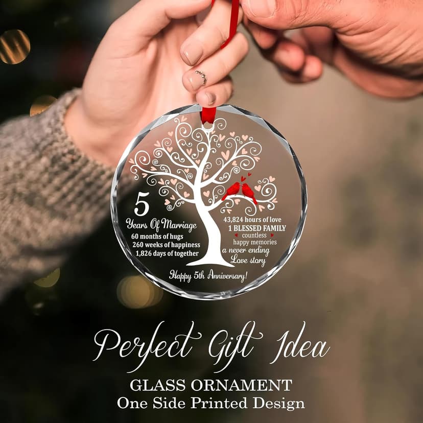 5th Wedding Anniversary Glass Ornament for Couple, Wife, Husband or Parents, Unique Wood Wedding Anniversary Idea, A Meaningful Christmas Decor to Celebrate Five Years of Love