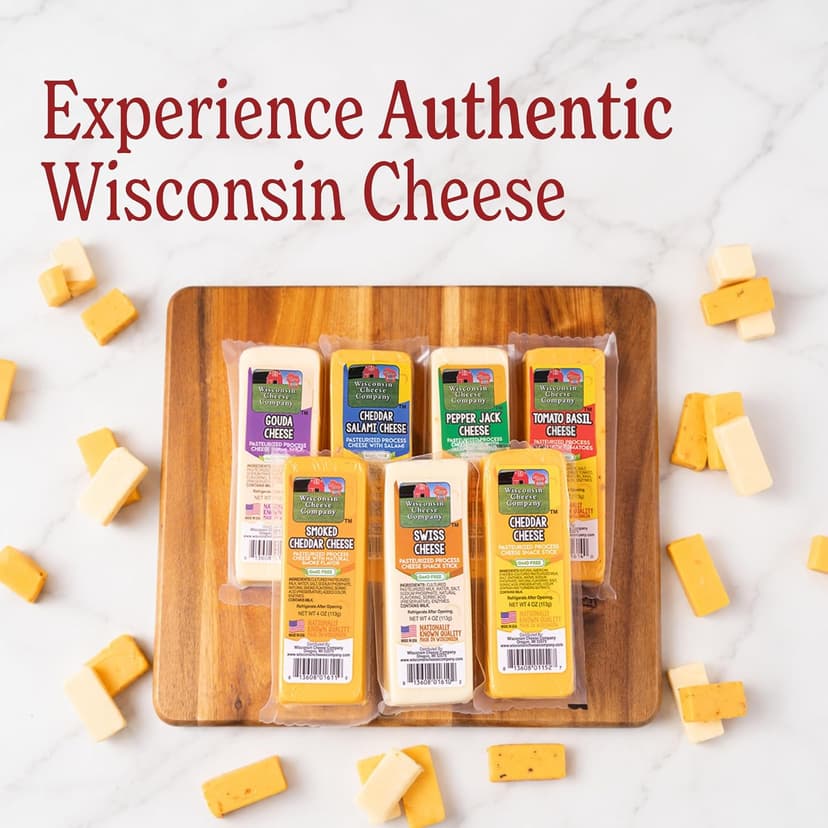 Wisconsin Cheese Company - Specialty 100% Wisconsin Cheese Block Assortment Sampler - (Pack of 7 Blocks) Cheddar, Pepper Jack, Swiss, Gouda, Salami, Smoked Cheddar & Tomato Basil | Locally Sourced | Perfect for Parties, Charcuterie Boards and Birthday Gifts | Great Birthday Gift for Cheese Lovers
