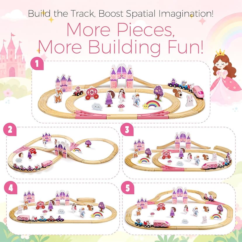 Pink Train Track Set Fairy Theme with Multiple Layouts, Birthday Gift Toys for Girls 3 4 5 6 Year Old Wooden Train Set Electric, 50 PCS Unicorn Princess Wood Track for Girls B0HDSGBW7S