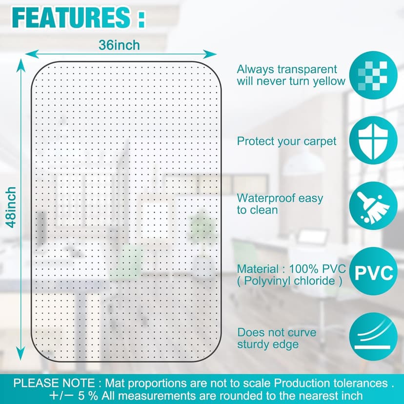 Office Chair Mat for Carpets, 48"x 36" Heavy Duty Clear Plastic Floor Protector, Non-Slip Computer Desk Chair Mat for Low Pile Carpeted Floors, Smooth Rolling Carpet Chair Mat for Home Office