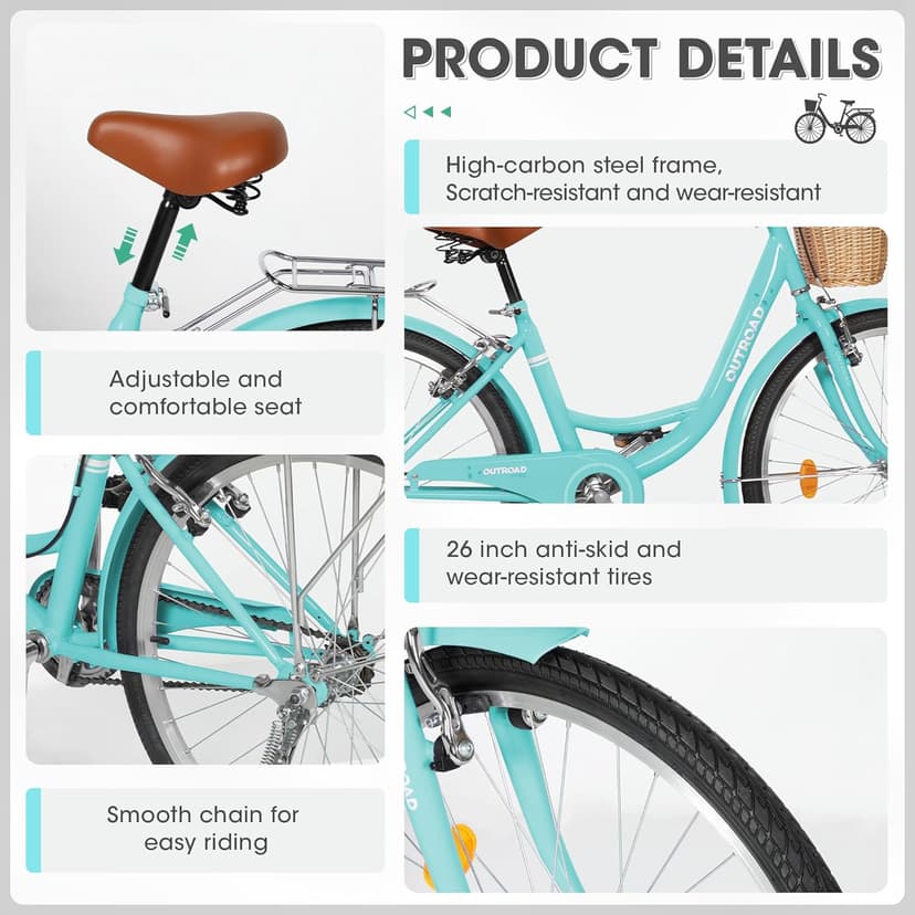 Outroad Beach Cruiser Bike, 24/26 inch Commuter Bicycle for Adult and Women,High-Carbon Steel Comfortable City Bikes with Rear Rack and Basket, (Black/Pink/White/Green/Purple)