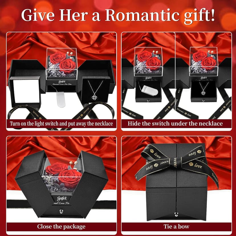2 Preserved Rose Gift for Women - Eternal Rose with I Love You Necklace - Romantic Birthday Gifts for Girlfriend Mom Her Wife Grandma on Valentines Mothers Day Anniversary Christmas-Red