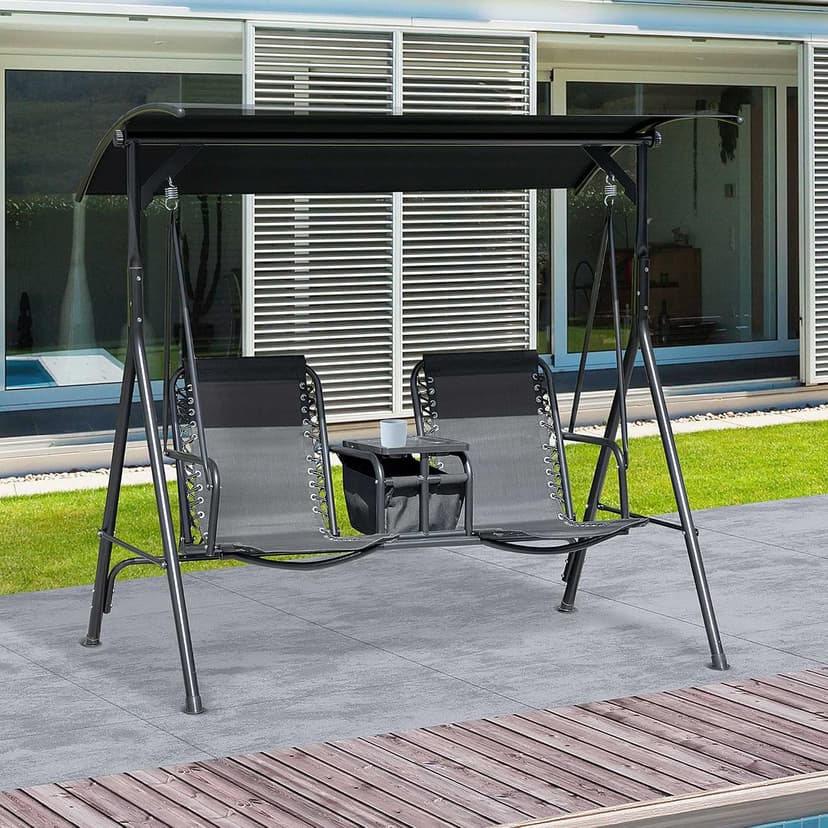 Outsunny 2-Seater Patio Swing Chair, Outdoor Canopy Swing Glider with Pivot Storage Table, Cup Holder, Adjustable Shade, Bungie Seat Suspension and Weather Resistant Steel Frame, Black
