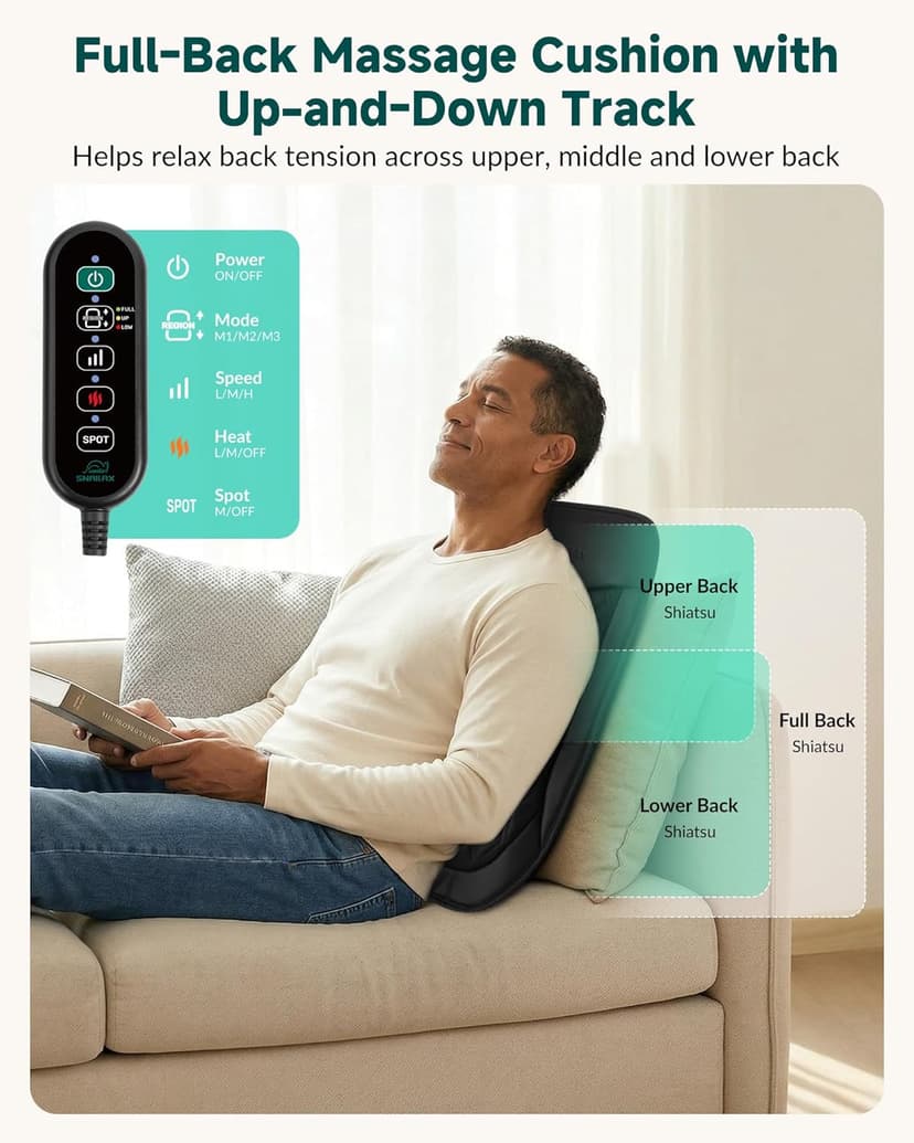 2026 Ultra-Slim Shiatsu Back Massager with Heat, Up-Down 4D Roller, 10 Massage Nodes, Full Back Deep Tissue Chair Massage Pad, 3 Speeds, 2 Heat Levels, Remote Control for Chair Sofa Hom Office Use