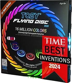 TOSY Flying Disc - 108 RGB Multicolor or 36 Monocolor LEDs, Super Bright, Smart Modes, Christmas Stocking Stuffers Gift, Camping Toy for Kid/Teen/Adult, Auto Light Up, Rechargeable, Waterproof, 175g