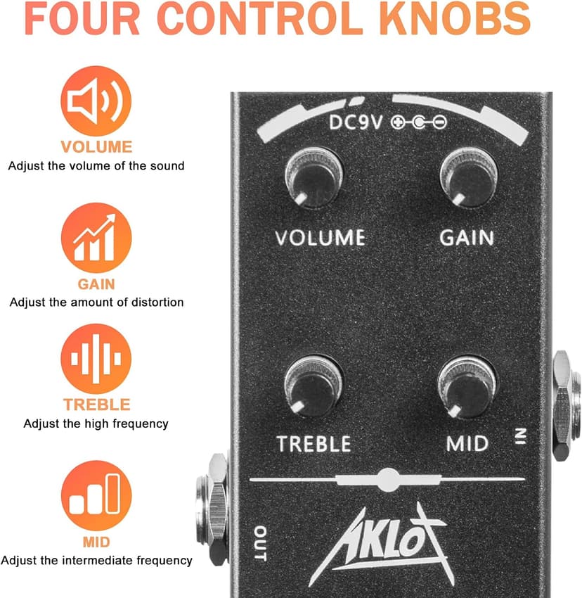 High Gain Distortion Guitar Pedal, AKLOT Electric Effects Pedals Mini Single Type DC 9V True Bypass