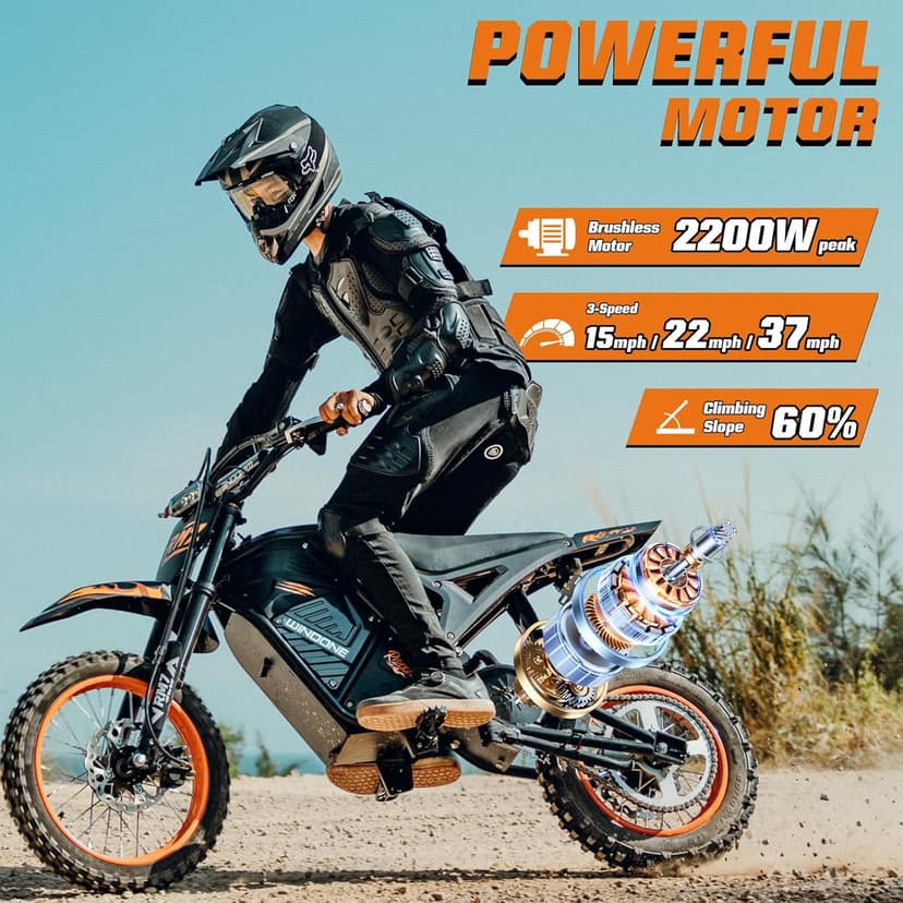 Windone RM7 Electric Dirt Bike for Teens & Adults, 2200W Peak Ebike, 48V 22.5Ah, 37MPH & 45-Mile Electric Motorcycle, 14"/12" Off-Road Tire E-Bike, Dual Hydraulic Brakes, Full Suspension, Fit Age 13+
