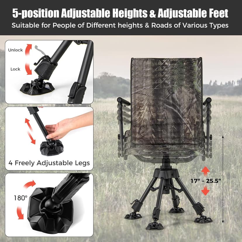 Tangkula Hunting Chair, 360 Degree Silent Swivel Blind Chair with 4 Adjustable Legs, Foot Pads & Armrests, Portable Folding Hunting Chairs for Blinds, Fishing, Camping