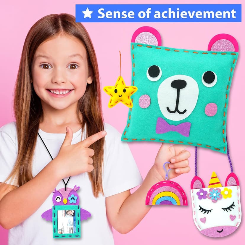 7 stuffed animal & plush pillow projects. Pre-punched felt & instructions included. Gift for girls & boys KRAFUN My First Sewing Kit for Kids Ages 6-12 | 7 Animal Dolls B091GXM2Y6