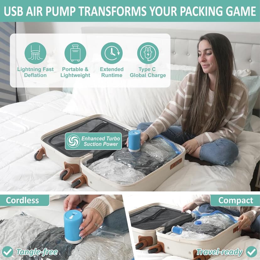 8 Pack Travel Vacuum Storage Bags with Rechargeable Wireless Electric Pump for Luggage, Suitcase, Carry-on Size Vacuum Seal Compression Space Saver Bags for Clothes and Clothing Travel