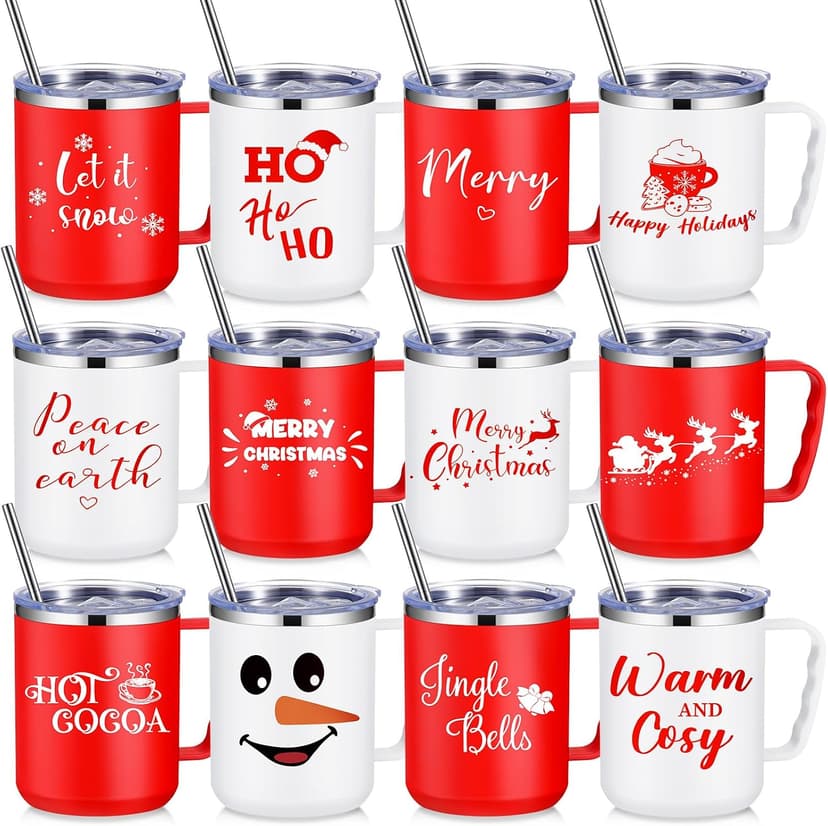 Stainless Steel Insulated Tumbler Bulk, Xmas Cup Straw Lid, for Teacher Coworker Team, Holiday Prints, Office Party Favors Umigy 12 Pcs Christmas Coffee Mug Bulk 17oz Employee Appreciation Gift Cute B0D59Y943Q
