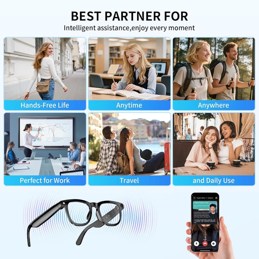 AI Translation Smart Glasses with 800W Camera, ENC Noise Cancelling Bluetooth 5.0, Real-Time Multilingual Translation (25 Languages), ChatGPT Compatible for Travel & Business (Black)