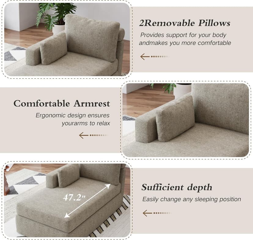 31.89" Chaise Lounge with Left Armrest Upholstered Modern Lounge Couch Sleeper Sofa with Cushions & Pillows for Living Room Bedroom Reading Nookk,Taupe