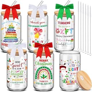16 oz Glass Coffee Cups with Bows Lids Straws Brushes, Thank You End of Year Gifts for Teacher from Student School Present Reallnaive 6 Pcs Christmas Teacher Appreciation Gifts for Women Teacher Cup B0FNM52YVG