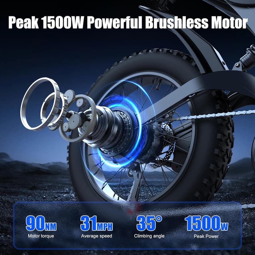 Electric Bike for Adults,48V 20AH - Peak Power 1500/3000W Brushless Motor Electric Bicycle - Max Speed 31-35MPH - Max 80 Miles Range - 20" x 4.0" Fat Tire Dirt E-Bike,7-Speed - UL 2849
