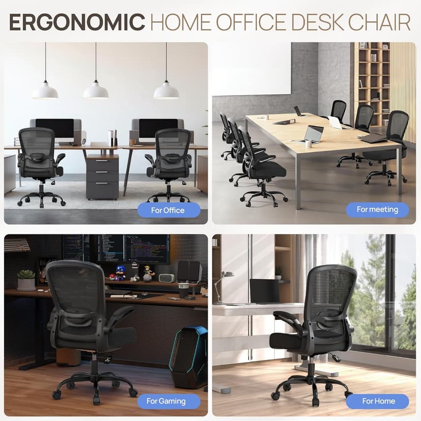 Mimoglad Ergonomic Office Chair - Desk Chair with Flip-up Armrests & 135° Recline, Adjustable Lumbar Support - Space-Saving Task Chair for Business/Team Office & Home (Black, 350lbs)