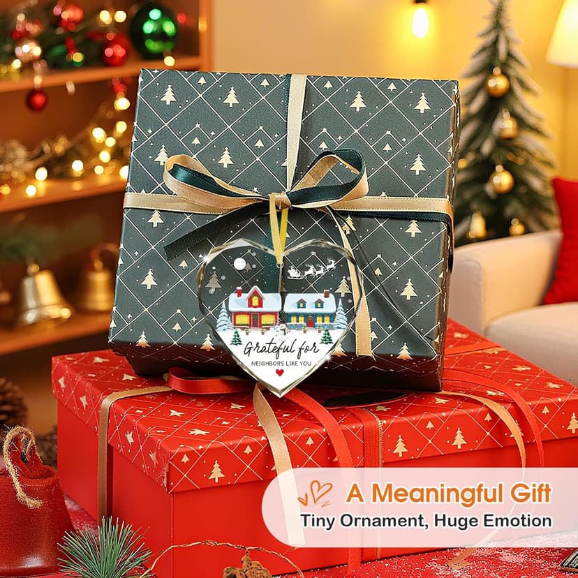 FaCraft Neighbor Gifts Christmas Ornaments 2025 - Xmas Birthday Good Gifts for Neighbors Best Friends Women Men The Neighbors Favor Grateful Heart Shaped Glass Ornament for Christmas Tree Decorations