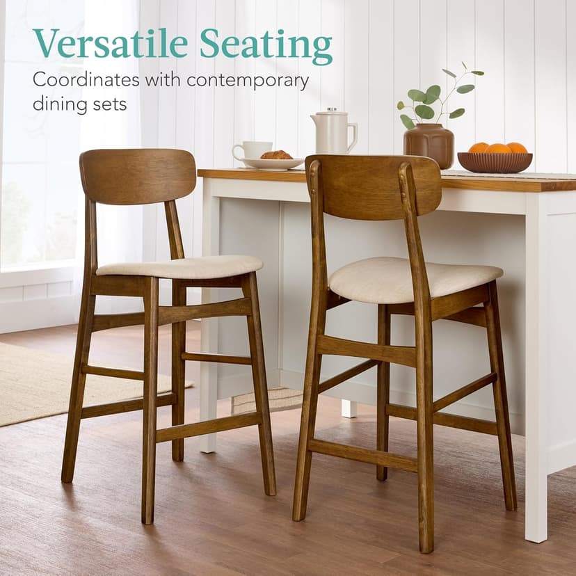 Best Choice Products Bar Stool Set of 2, Modern Farmhouse Counter Height Stools w/Upholstered Cushioned Seat, Wooden Curved Backrest - Walnut/Cream