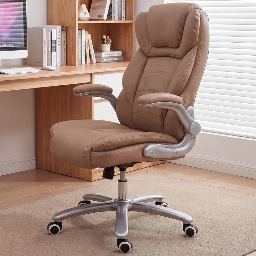 GYI Big and Tall Office Chair 400lb Wide Seat, Ergonomic High Back Leather Executive Desk Chair with Flip-up Arms, Brown