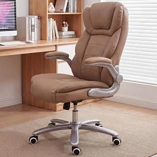 GYI Big and Tall Office Chair 400lb Wide Seat, Ergonomic High Back Leather Executive Desk Chair with Flip-up Arms, Brown