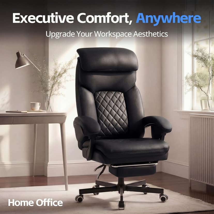Ergonomic Executive Office Chair - Big and Tall Home Comfy Desk Gaming Chair for Adults, Heavy Duty Leather Reclining Wide Computer Chair with Foot Rest and Back Support (Black)
