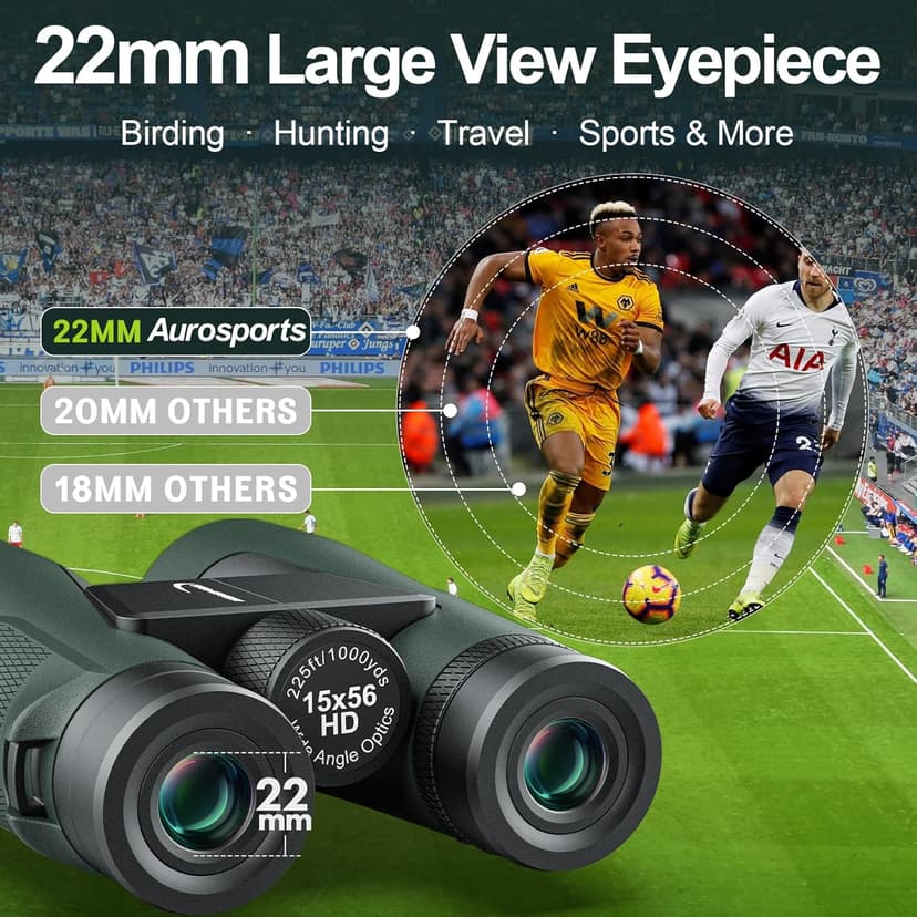 Aurosports 15x56 High Powered Binoculars for Adults - HD Large View Binos with Clear Low Light Vision - Non-Reflective Shell for Bird Watching, Hunting, Wildlife, Cruise, Travel - Gift for Men