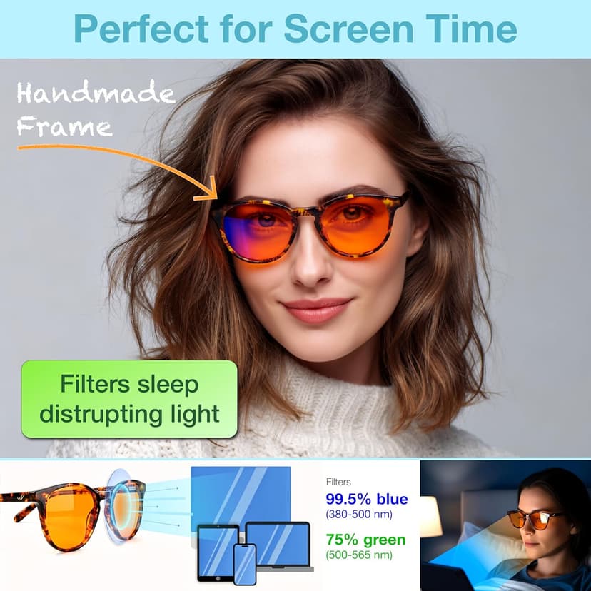 Orange Blue Light Blocking Glasses for Better Sleep - 99.5% Premium Acetate Migraine Glasses for Women & Men