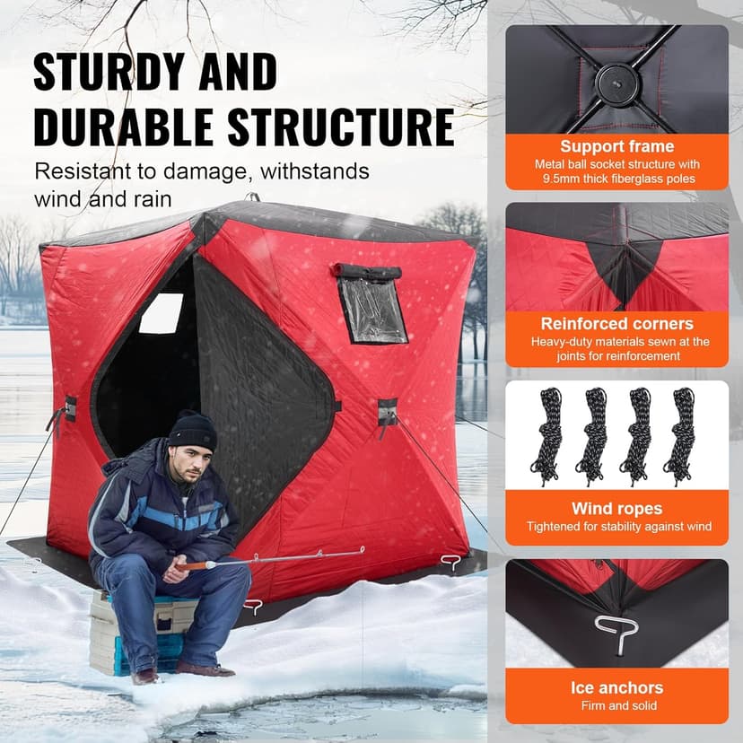 VEVOR Portable Pop-Up Tent, 1-8 Person Insulated Shelter, Large Fishing Area, Hub-Style Shanty for Winter Fishing, Waterproof Oxford Ice Cube with Anchors/Ropes/Carrying Bag