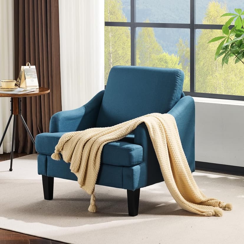 VINGLI Linen Fabric Accent Chair Navy Blue, Modern Upholstered Armchair, Comfy Sofa Chair Living Room Bedroom Furniture for Apartment