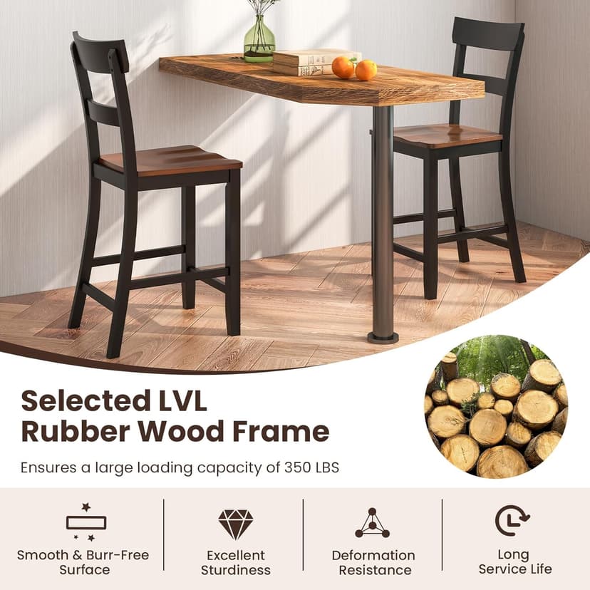 COSTWAY Counter Height Bar Stools Set of 4, 24'' Mid Century Modern Island Chairs with Rubber Wood Legs and High Backrest, Wooden Barstools for Home Kitchen, Dining Room, Bar, Restaurant (Black)
