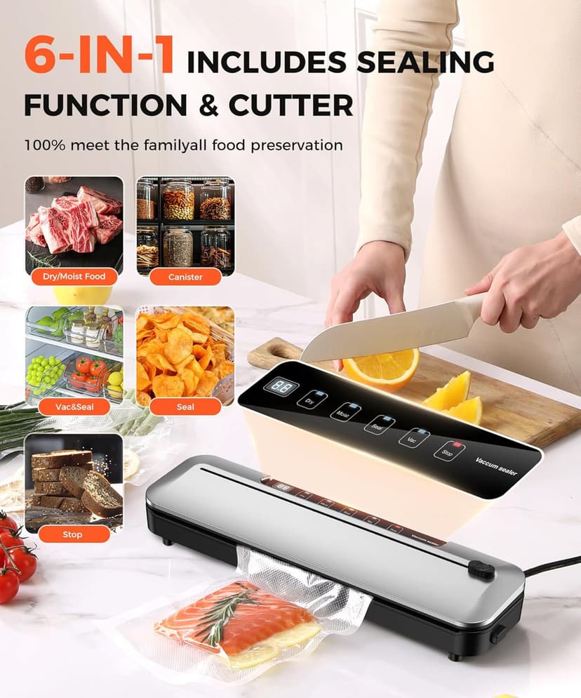Vacuum Sealer Machine 75KPa Food with 6-in-1 Dry/Moist Modes & Digital Timer, Compact Lightweight Design, Built-in Cutter + 10 Bags (Black Silver)