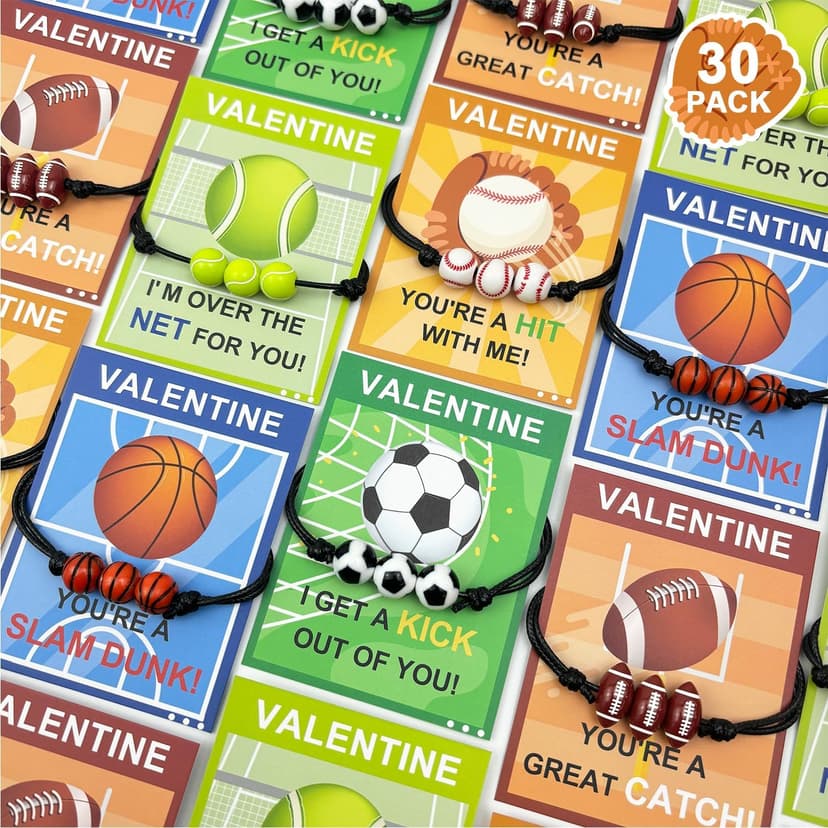 Sports Bracelet Valentines Day Gifts for Kids School Classroom,30 Pack Adjustable Bracelets w/ Cards for Toddler Boy Girl,Valentine Non Candy Treats Party Favor Goodie Bag Stuffers Prizes for Class