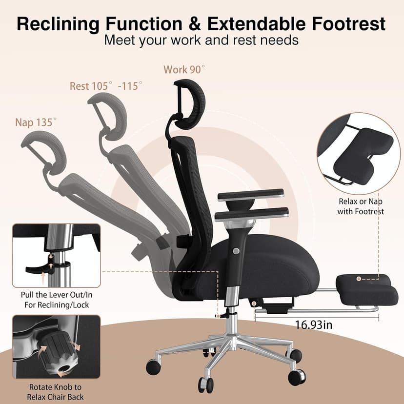 750lbs Big and Tall Office Chair with Wide Thick Seat Cushion,Ergonomic Mesh Office Chairs for Heavy People,Computer Desk Chair with 4D Armrests,Adjustable Lumbar Support for Long Hours Daliy Work