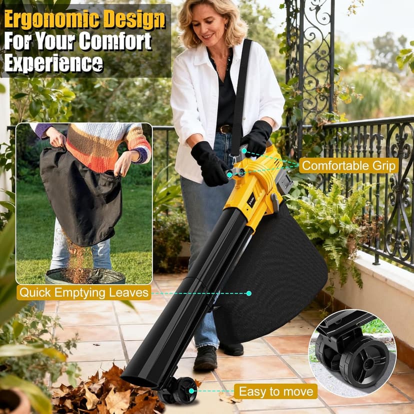 Cordless Leaf Blower Vacuum Mulcher Compatible for Dewalt 20V Battery(NO Battery), 3-in-1 Handheld Leaf Vacuum Mulcher with 40L Bag, 4 Variable Speeds with Turbo Modes for Yard Patio Driveway Cleanup