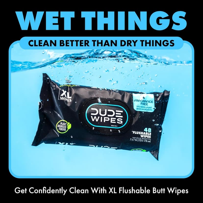 DUDE Wipes Wipes - Flushable Wipes - 6 Pack, 288 Wipes - Unscented Extra-Large Adult Wet Wipes - Vitamin-E & Aloe - Septic and Sewer Safe