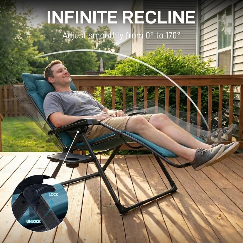 EVER ADVANCED Thick Padded Zero Gravity Chair, Oversized Reclining Lounge Chair with Adjustable Headrest & Cup Holder, Heavy Duty Support 350 lbs, Foldable for Camping, Lawn, Outdoor & Indoor, Green