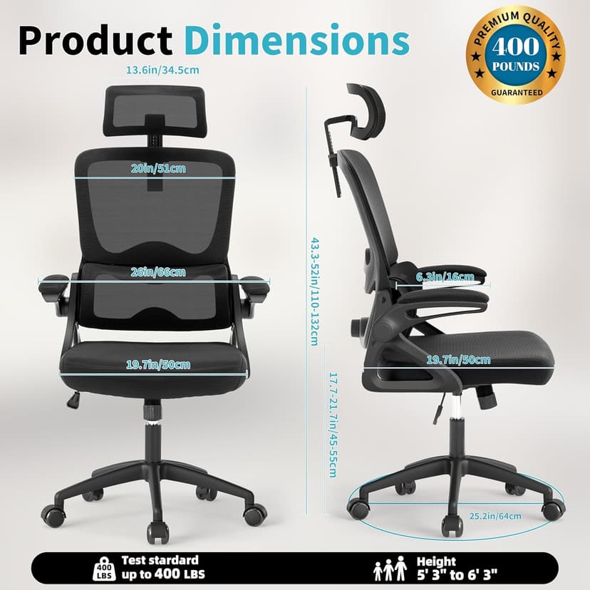 Ergonomic Office Chair,Mesh Office Chair with Lumbar Support,High Back Desk Chair with Flip-up Arms,400 lbs Big and Tall Computer Chair with Headrest,Comfy Desk Chairs
