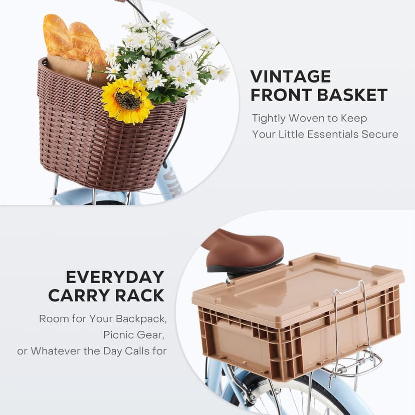 VIRIBUS Beach Cruiser Bike for Women, Single Speed Womens Bike with Basket & Rack 24 26 inch, Retro Step Through Cruiser Bicycle for Petite Short Women Female Ladies City Commuter, 330 lb.
