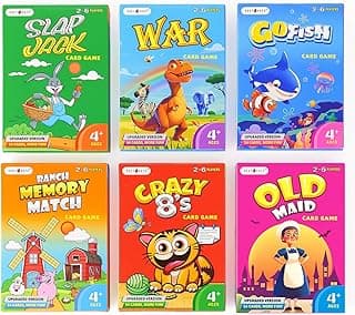 Upgraded Kids Card Games Pack, 6 Decks, Go Fish, Old Maid, Crazy Eights, Memory Match, Slap Jack, War, Playing Cards, Easter Basket Stuffers, Stocking Stuffers