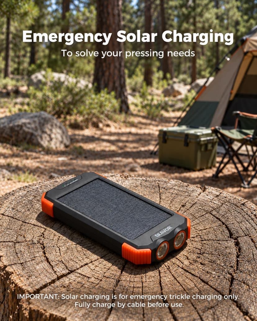 20W USB-C battery pack, battery bank, IPX5 waterproof, 2 flashlights, camping essentials, hiking gear, emergency solar backup BLAVOR Solar Power Bank 10,000mAh Portable Wireless Charger for Cell Phones B07FDXDB3W