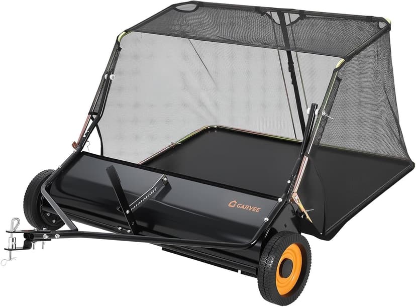 44 Inch Tow Behind Lawn Sweeper, 26 cu. ft. Large Pull Behind Grass Sweeper Heavy Duty Leaf & Grass Collector with Dumping Rope Design, Adjustable Sweeping Height for Yard and Grass Cleanup Tool